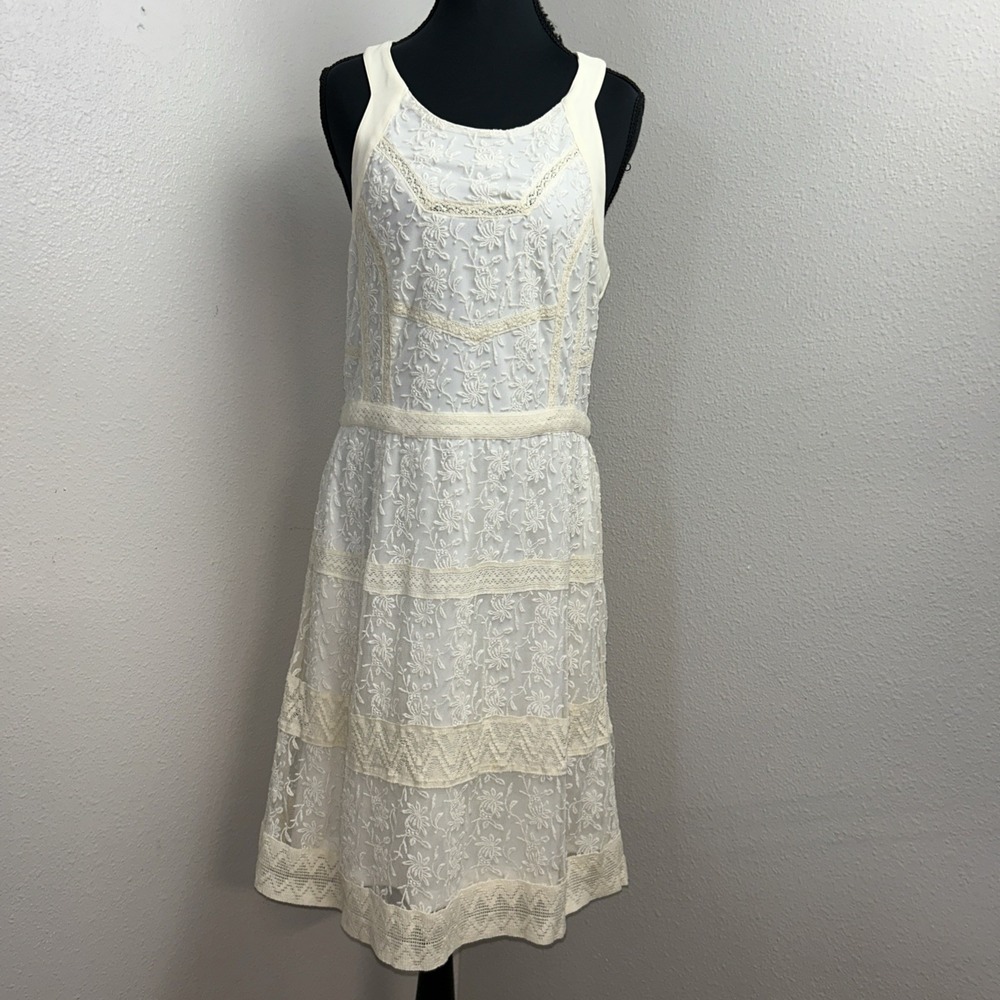 American Eagle Halter Dress Women's 12 Ivory Lace Overlay Cottagecore Boho Artsy